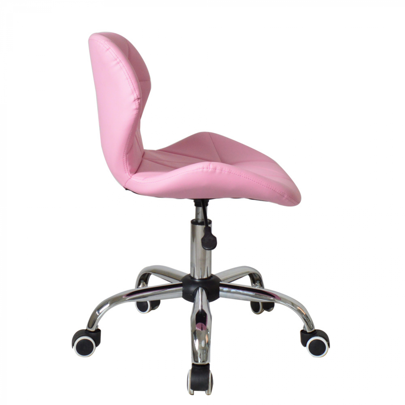 Pink office chair with a chrome base and black wheels. The chair is viewed from the side.