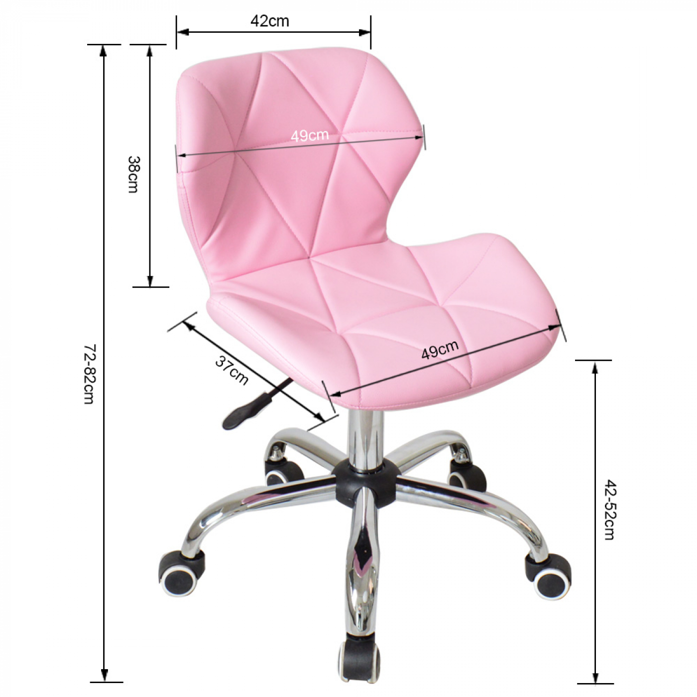 Pink office chair with measurements, on a white background. Dimensions are labeled in centimeters.