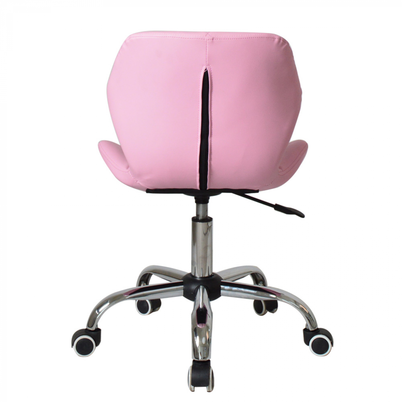 Pink office chair from the back. Silver base with wheels. White background.
