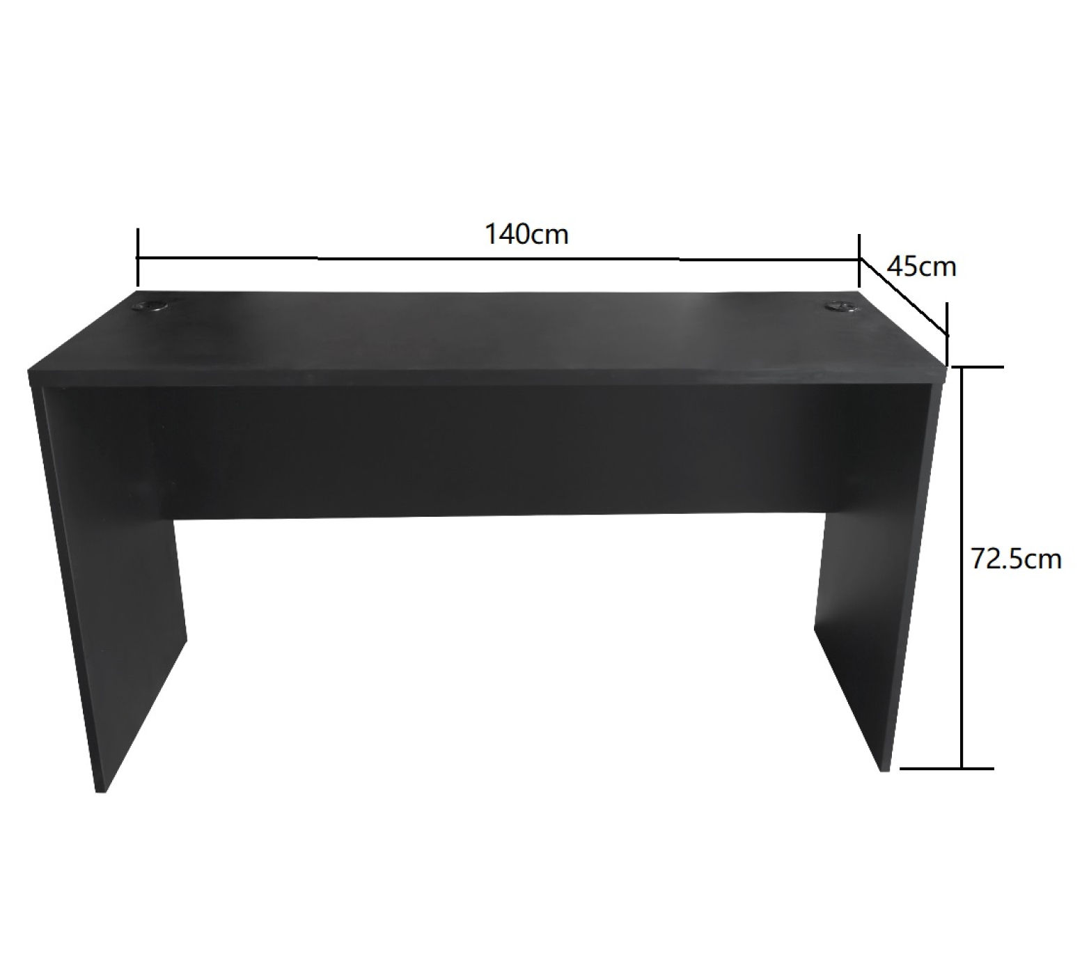 Zwart bureau, met afmetingen: 140 cm lang, 45 cm breed en 72,5 cm hoog.