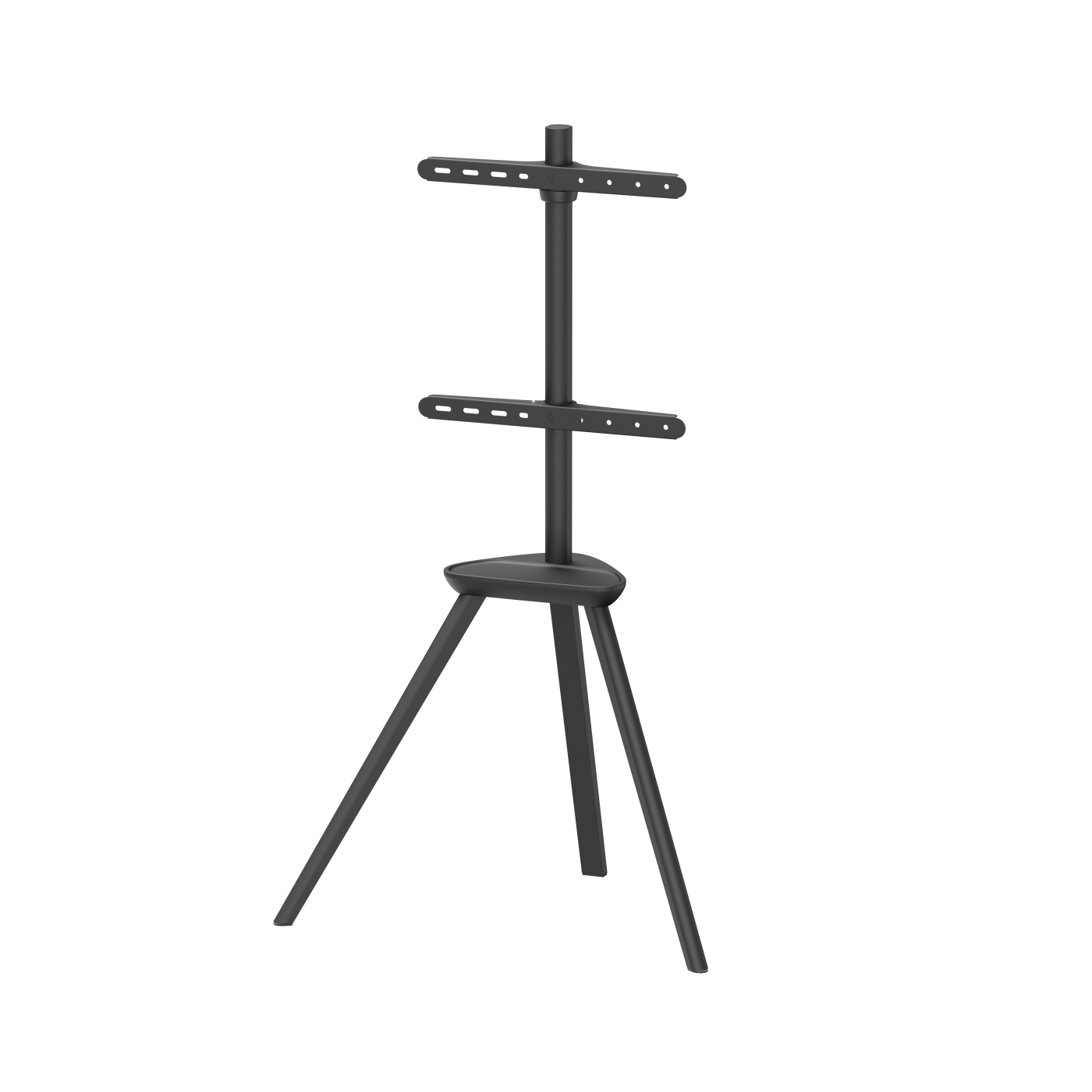 Ein schwarzer TV-Ständer mit Stativ, gebogener Basis und Halterungen für einen Fernseher.