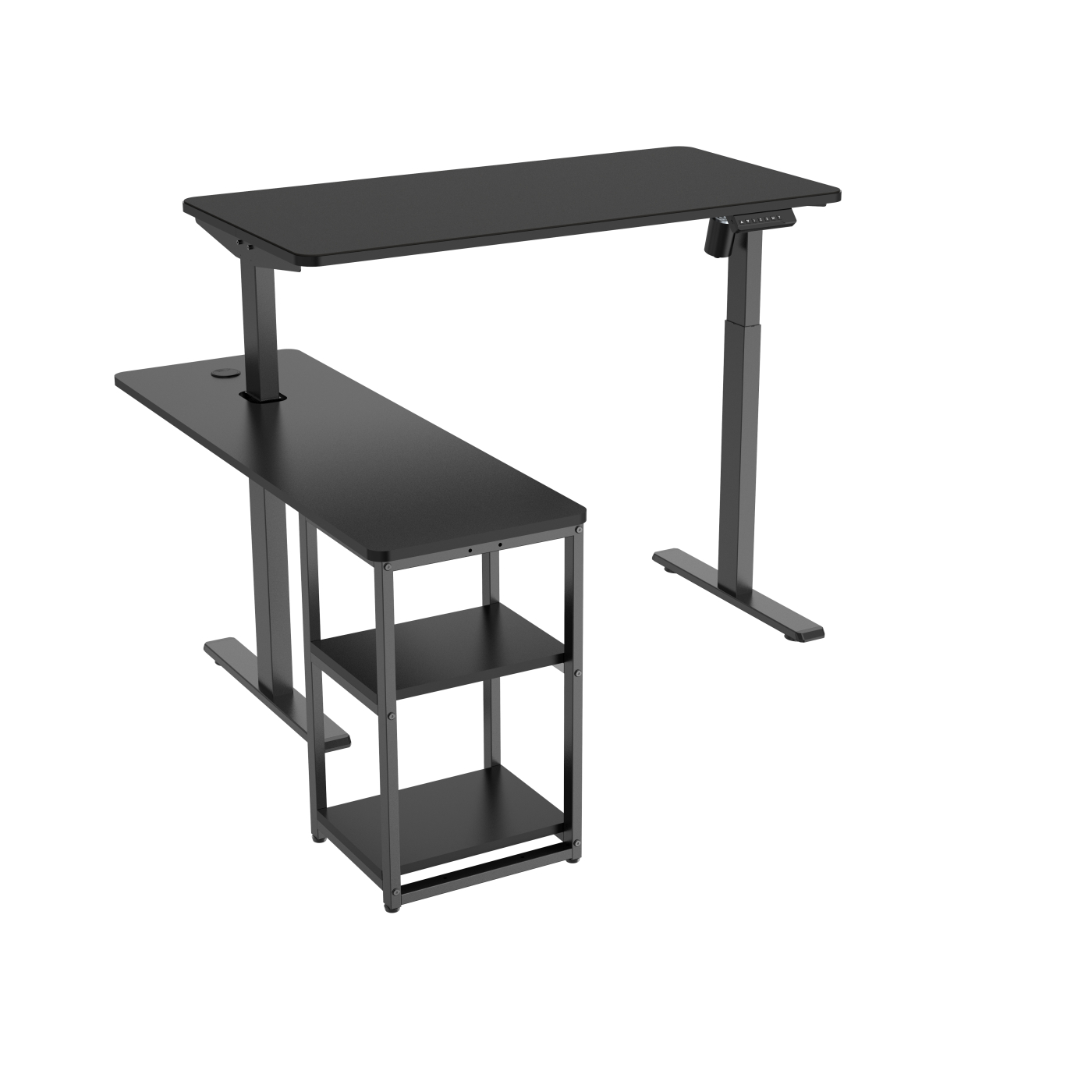 Schwarzer, verstellbarer Schreibtisch mit zwei Oberflächen und einem Beistelltisch mit Regalen.
