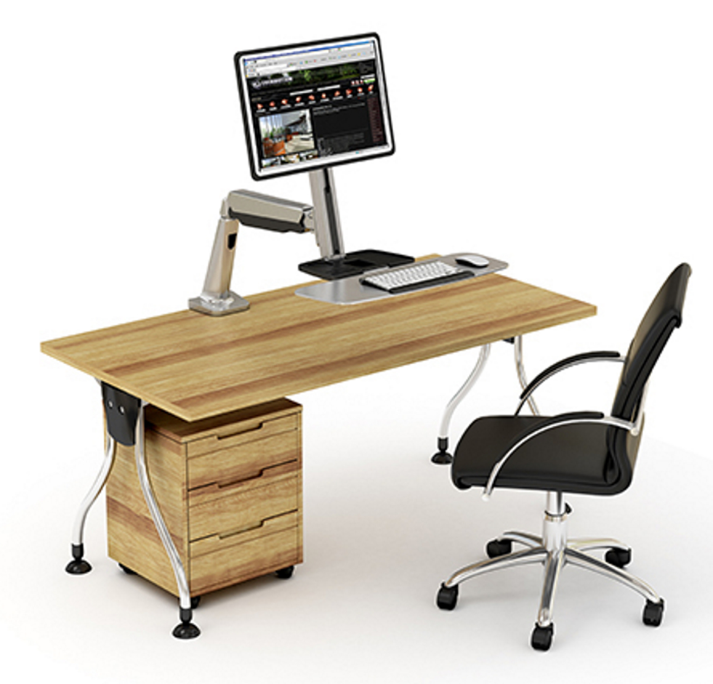 Een houten bureau met een monitor, toetsenbord en stoel. Witte achtergrond.