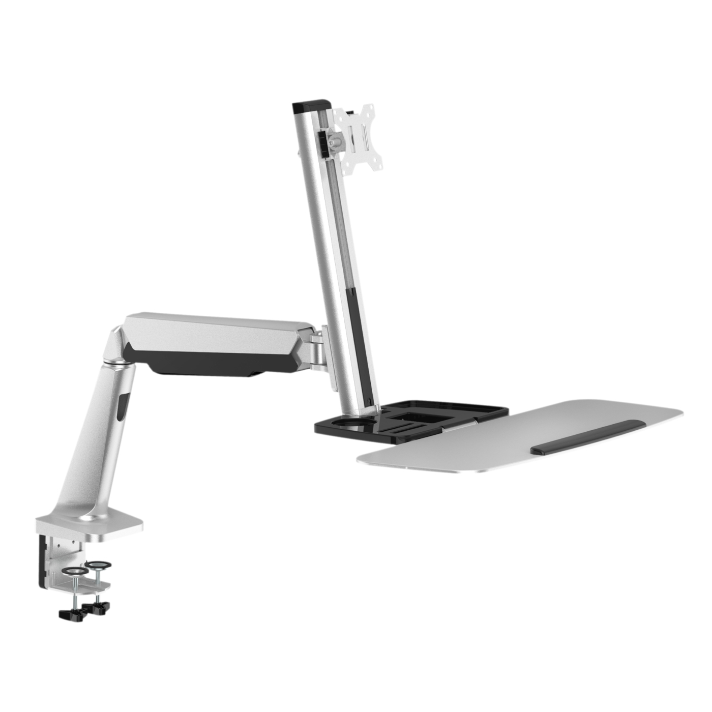 Monitorarm met een toetsenbordlade. De arm is zilver, de lade is lichtgrijs.
