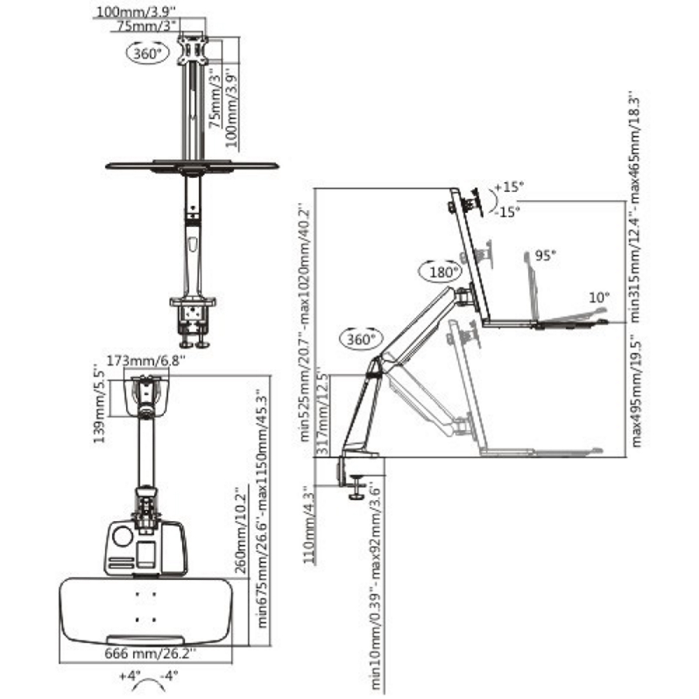 Diagram van een bureausteun met afmetingen en hoeken.
