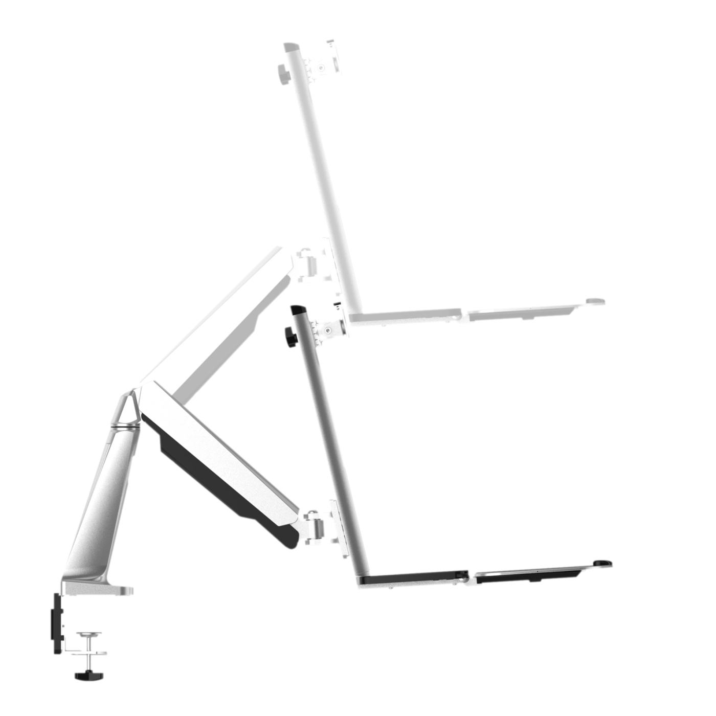Een witte monitorarm. De arm maakt het mogelijk de positie van de monitor aan te passen. Het staat op een witte achtergrond.
