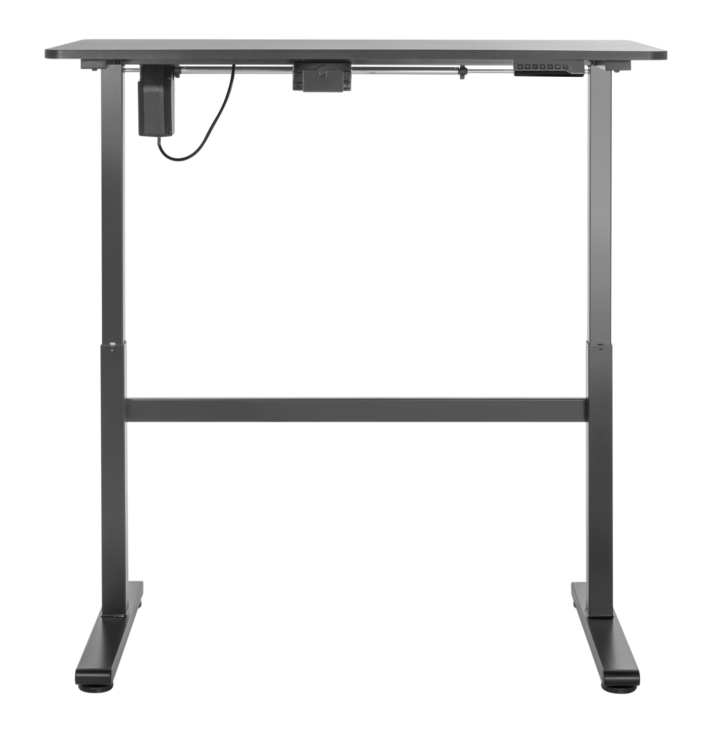 Zwart in hoogte verstelbaar bureau met een motor aan de achterkant.