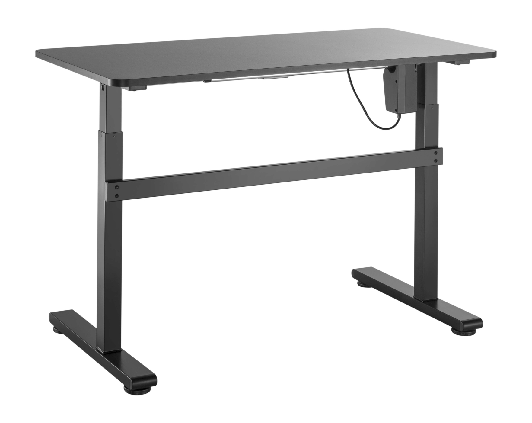 Een zwarte in hoogte verstelbare bureau met twee poten, op een witte achtergrond. Een bedieningspaneel is zichtbaar.