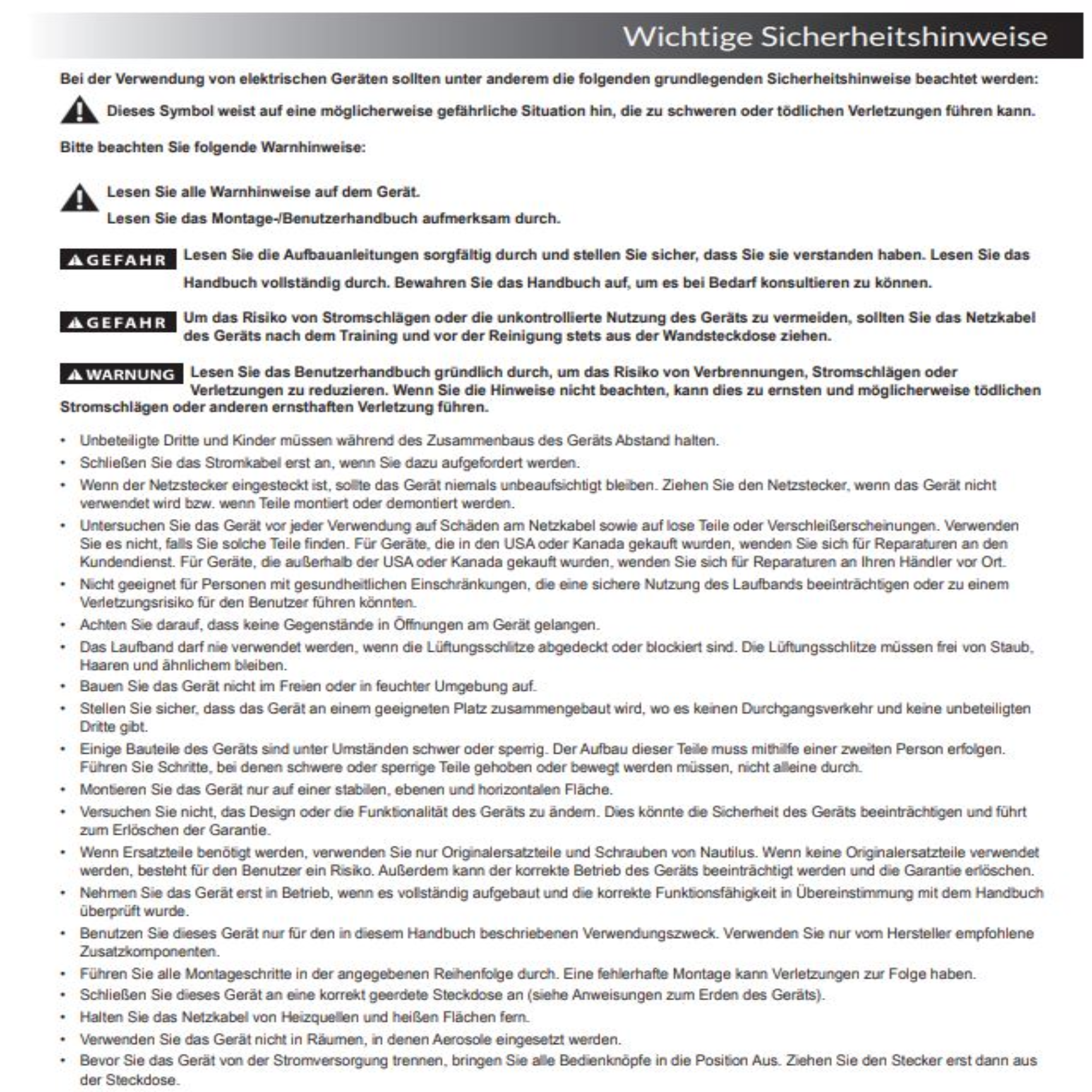 Ein Dokument mit Sicherheitshinweisen auf Deutsch. Der Text enthält Warnungen und Vorsichtsmaßnahmen für elektrische Geräte.