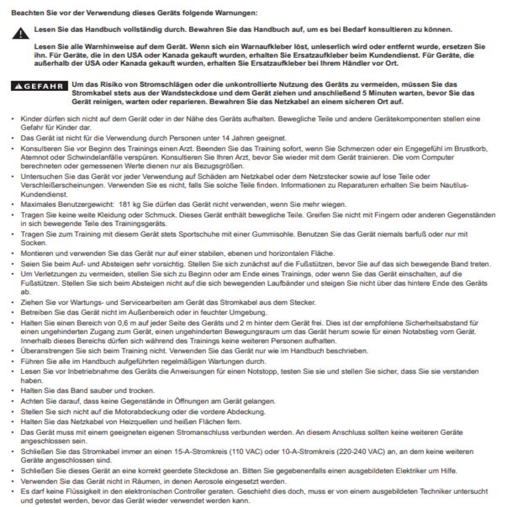 Ein Dokument mit deutschem Text, der vor der Verwendung eines Geräts mit Sicherheitsrichtlinien warnt.