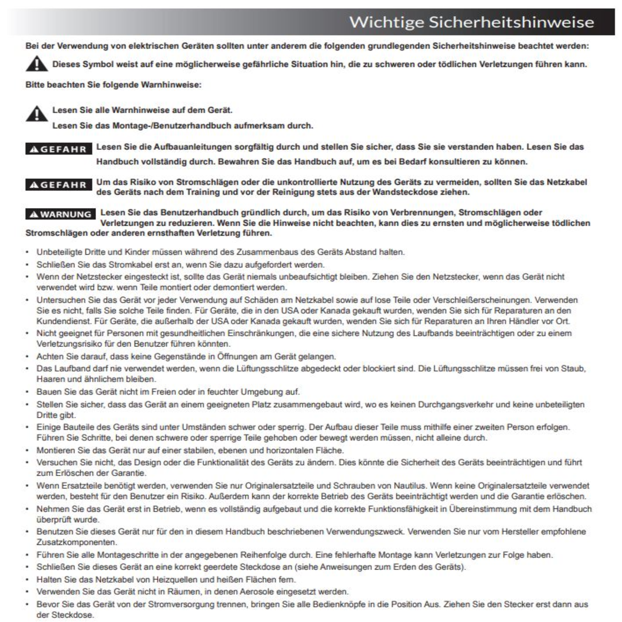 Text mit Sicherheitshinweisen für elektrische Geräte, einschließlich Warnungen und Vorsichtsmaßnahmen.