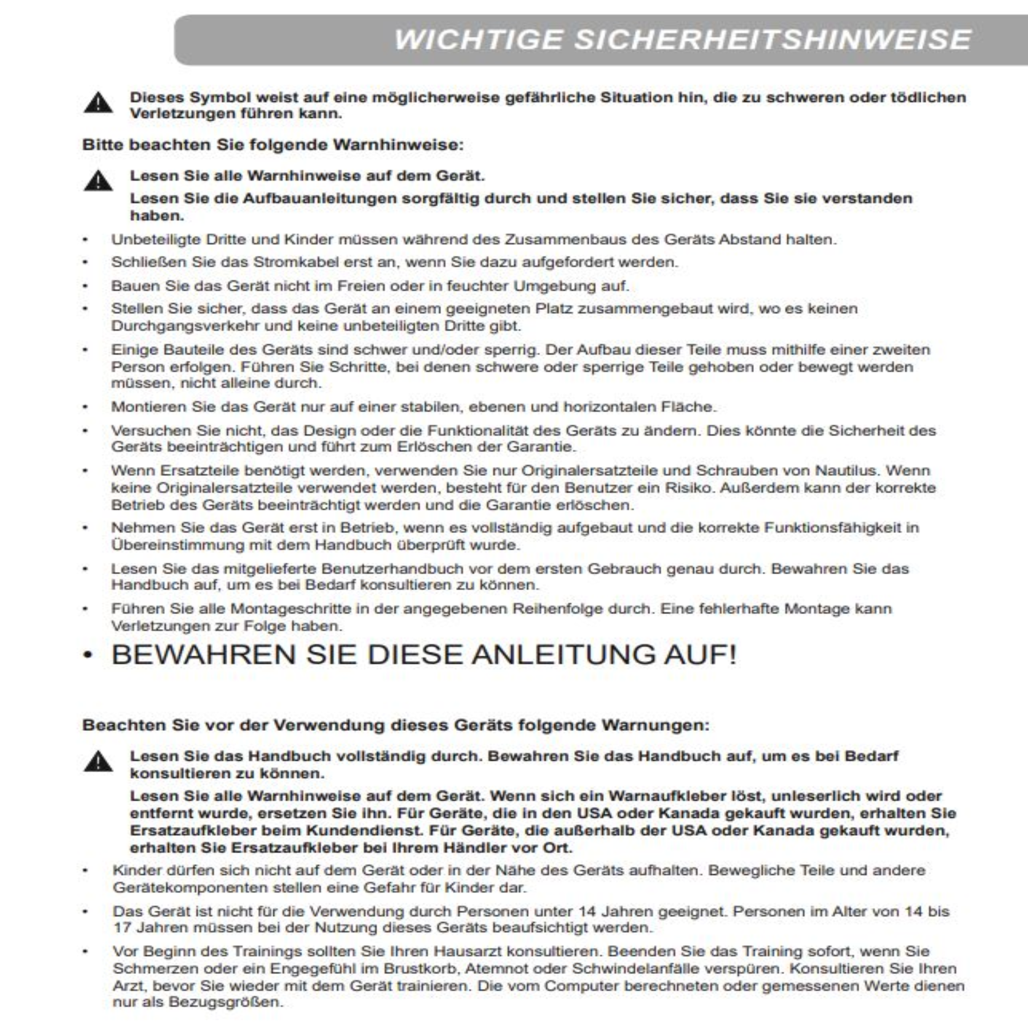 Ein Dokument mit Sicherheitshinweisen, Warnsymbolen und Text auf Deutsch. Das Dokument ist weiß.