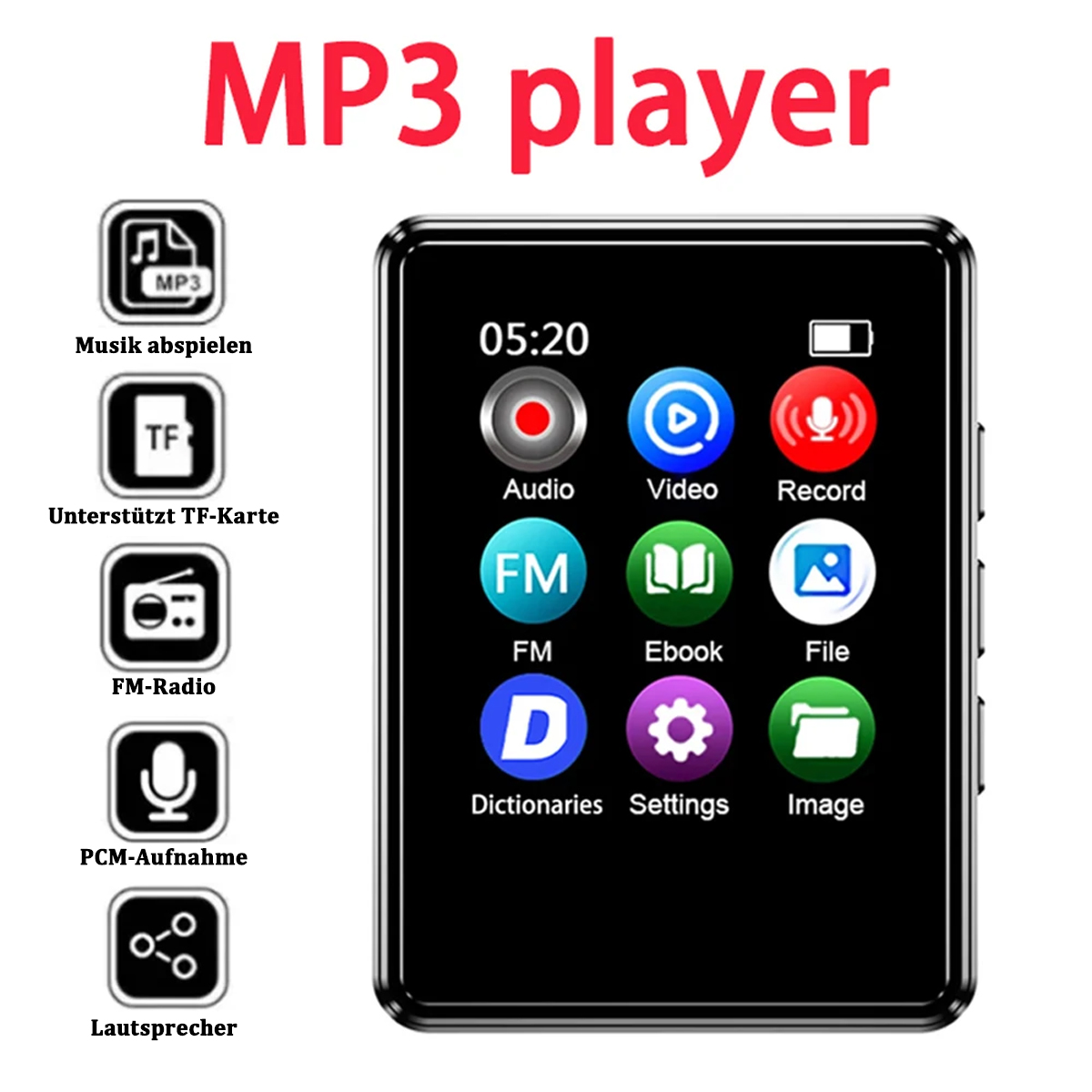 Schwarzer MP3-Player mit Symbolen und Anzeige 05:20.