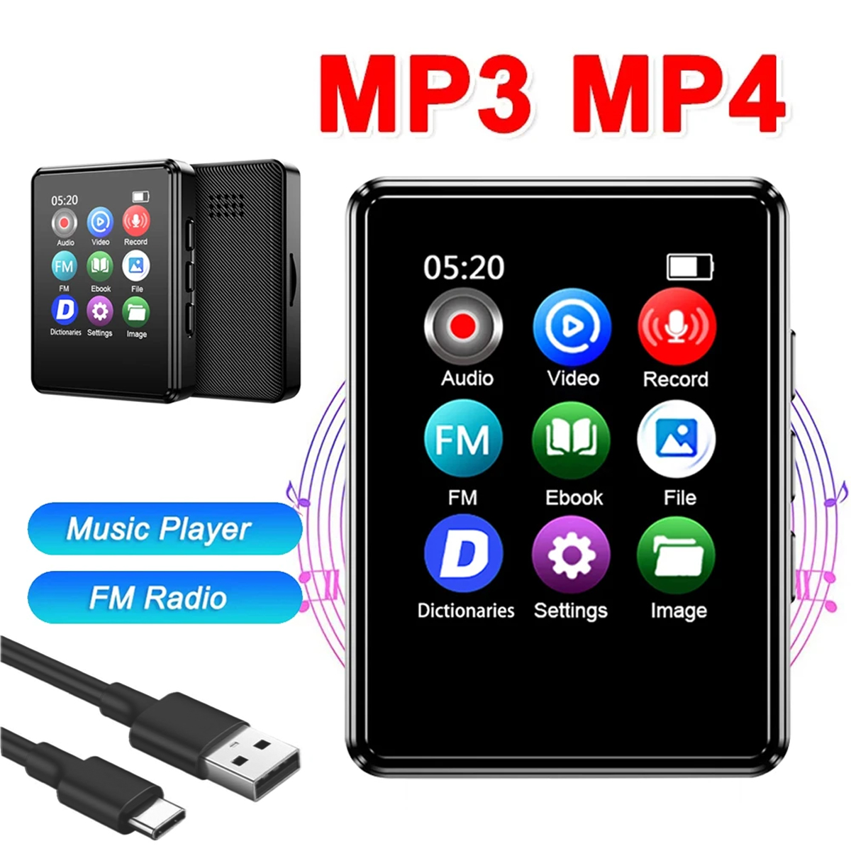 Schwarzer MP3/MP4-Player mit Bildschirm. USB-Kabel und Ohrhörer sind abgebildet. Weißer Hintergrund.