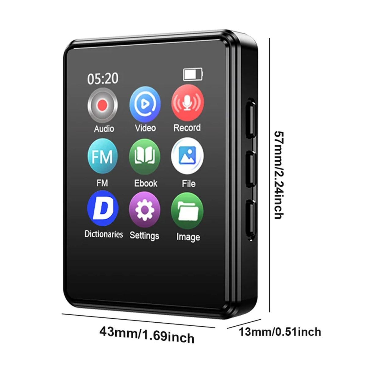 Schwarzer MP3-Player mit Symbolen. Das Display zeigt Zeit und verschiedene App-Symbole. Abmessungen angegeben.