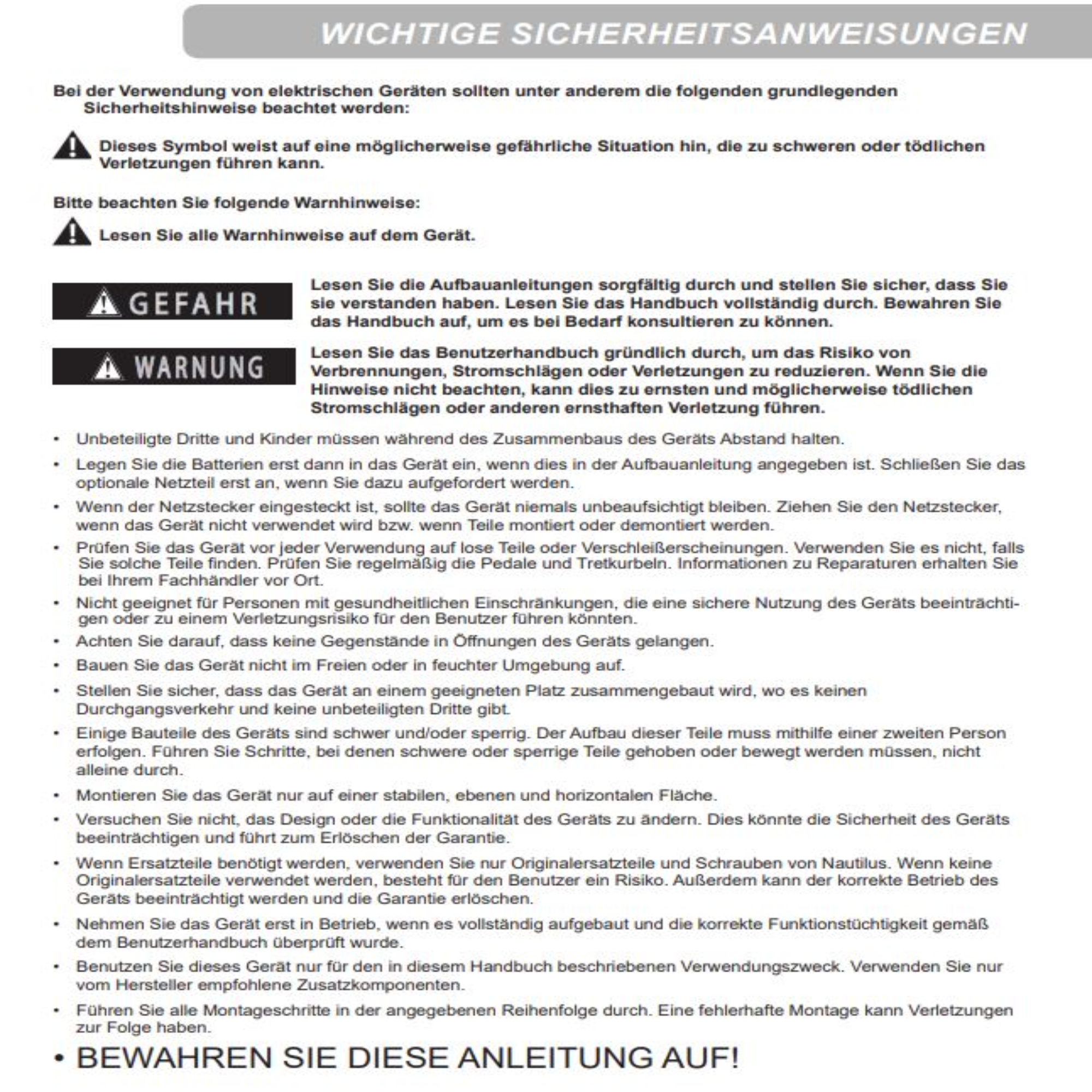 Ein Dokument mit Sicherheitsanweisungen und Warnhinweisen mit verschiedenen Symbolen und Text.