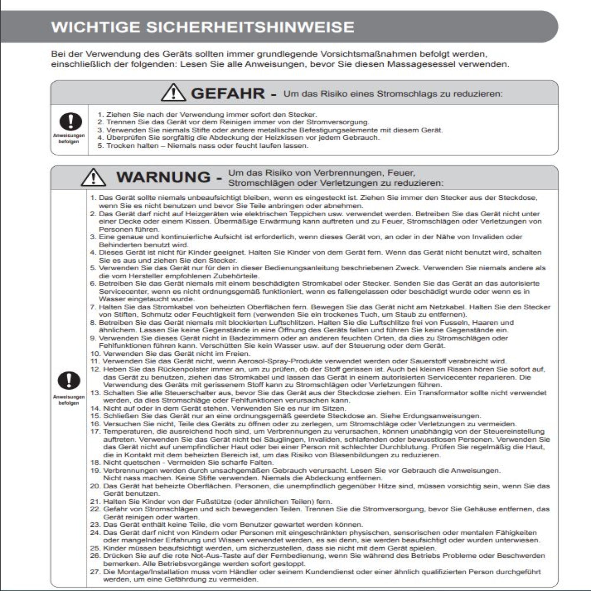 Ein Dokument mit deutschen Sicherheitshinweisen. Text auf weißem Hintergrund mit Symbolen.