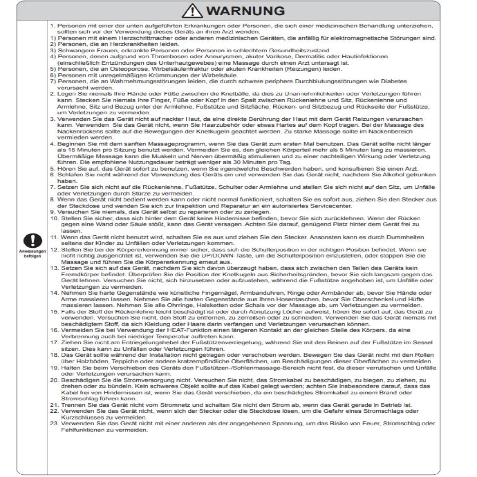 Eine Warnung auf Deutsch mit Anweisungen. Der Text handelt von der Verwendung eines Massagegeräts.