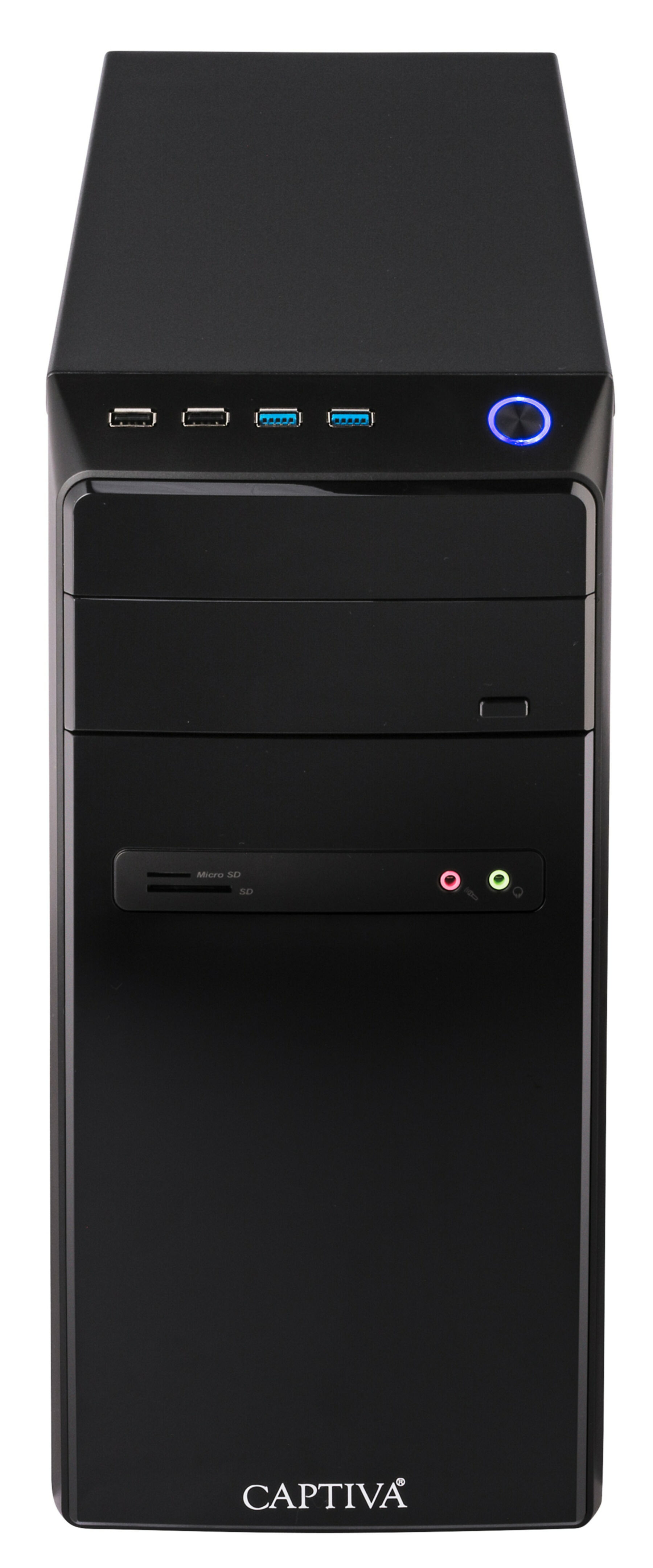 Ein schwarzes Computergehäuse mit mehreren USB-Anschlüssen und einem Power-Knopf. Es hat einen Micro-SD-Kartensteckplatz.