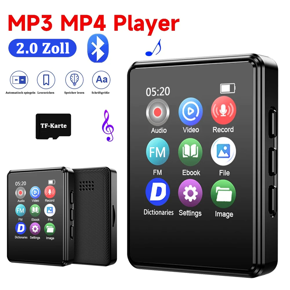 MP3 MP4-Player mit Bildschirm und Tasten. Zwei weitere Player sind an der Seite.