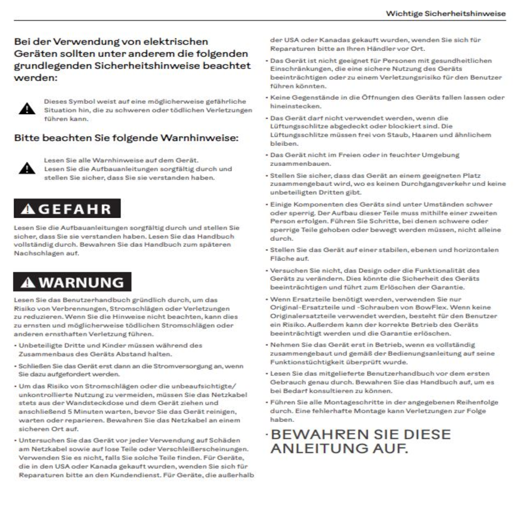 Das Bild zeigt Sicherheitshinweise. Dazu gehören Warnungen zu Elektrogeräten und Sicherheitsvorkehrungen.