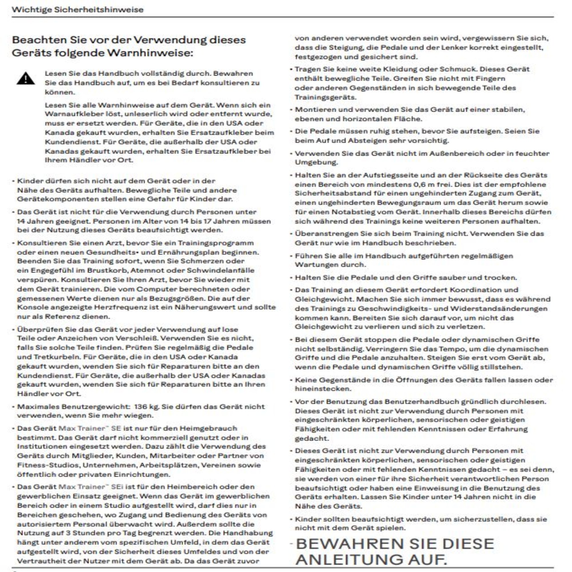 Eine Seite mit deutschen Sicherheitshinweisen mit Warnsymbolen und Text.