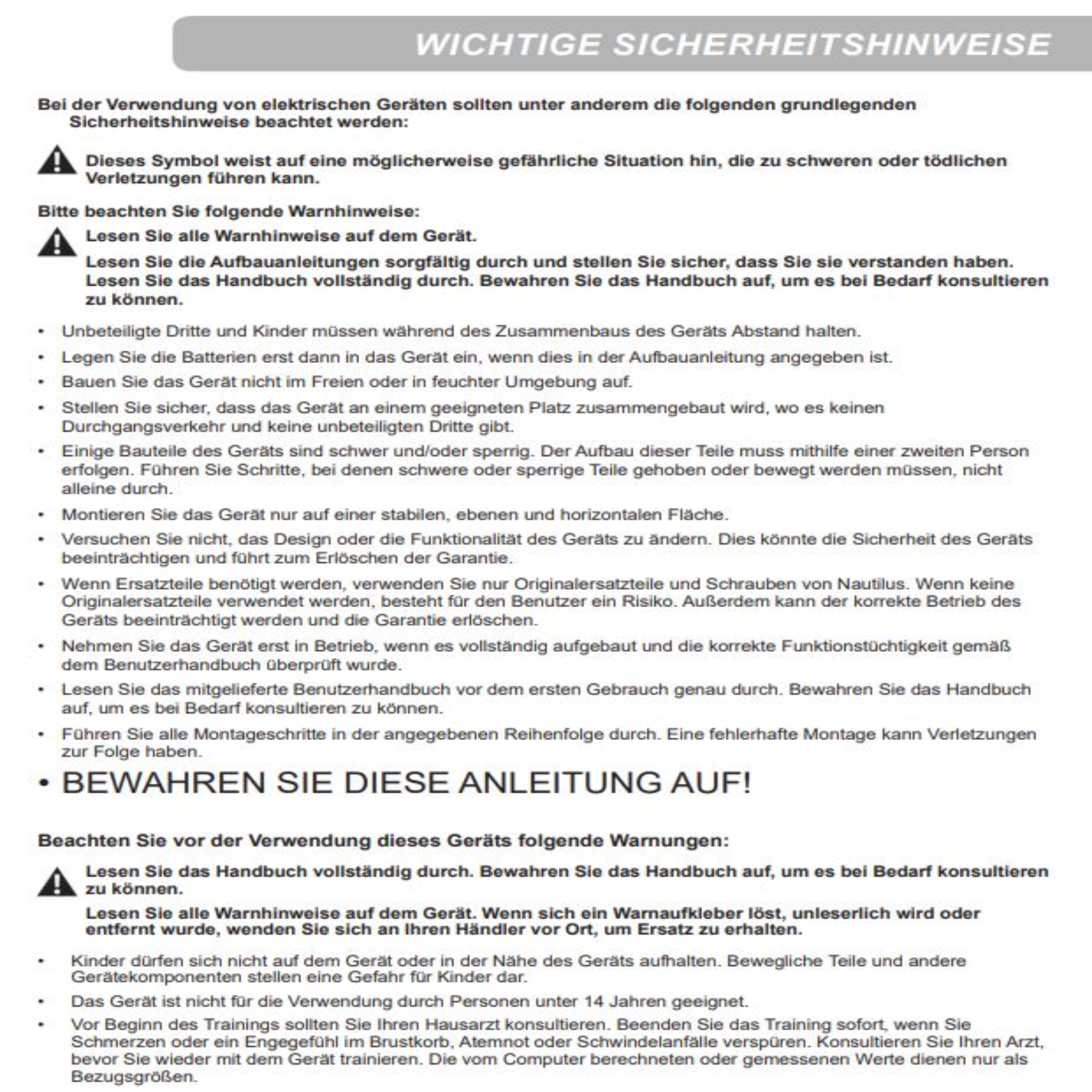 Textdokument mit Sicherheitshinweisen und Warnungen auf Deutsch.