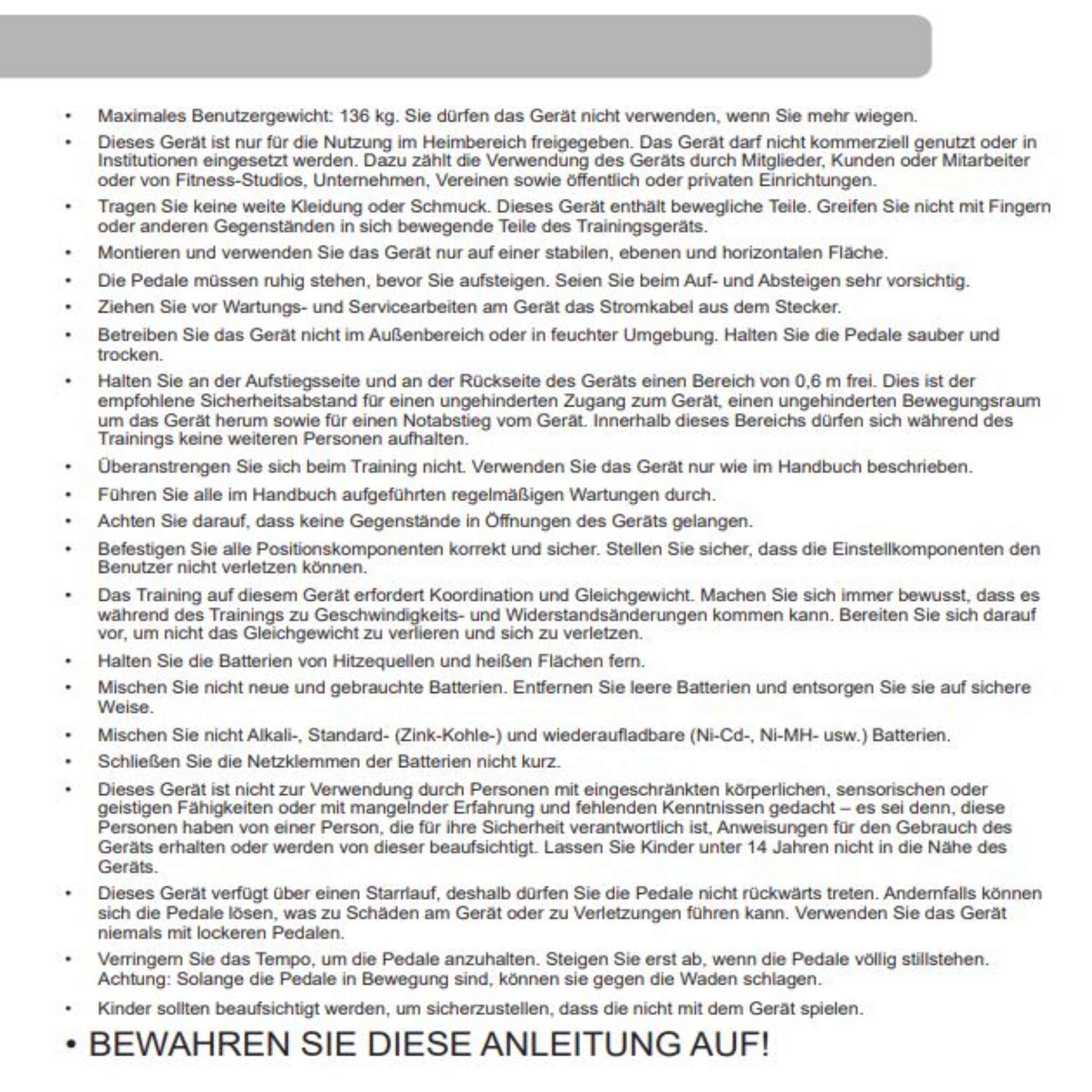 Gebrauchsanweisung auf Deutsch. Der Text ist schwarz und der Hintergrund ist weiß. Der Text enthält Sicherheitsinformationen.