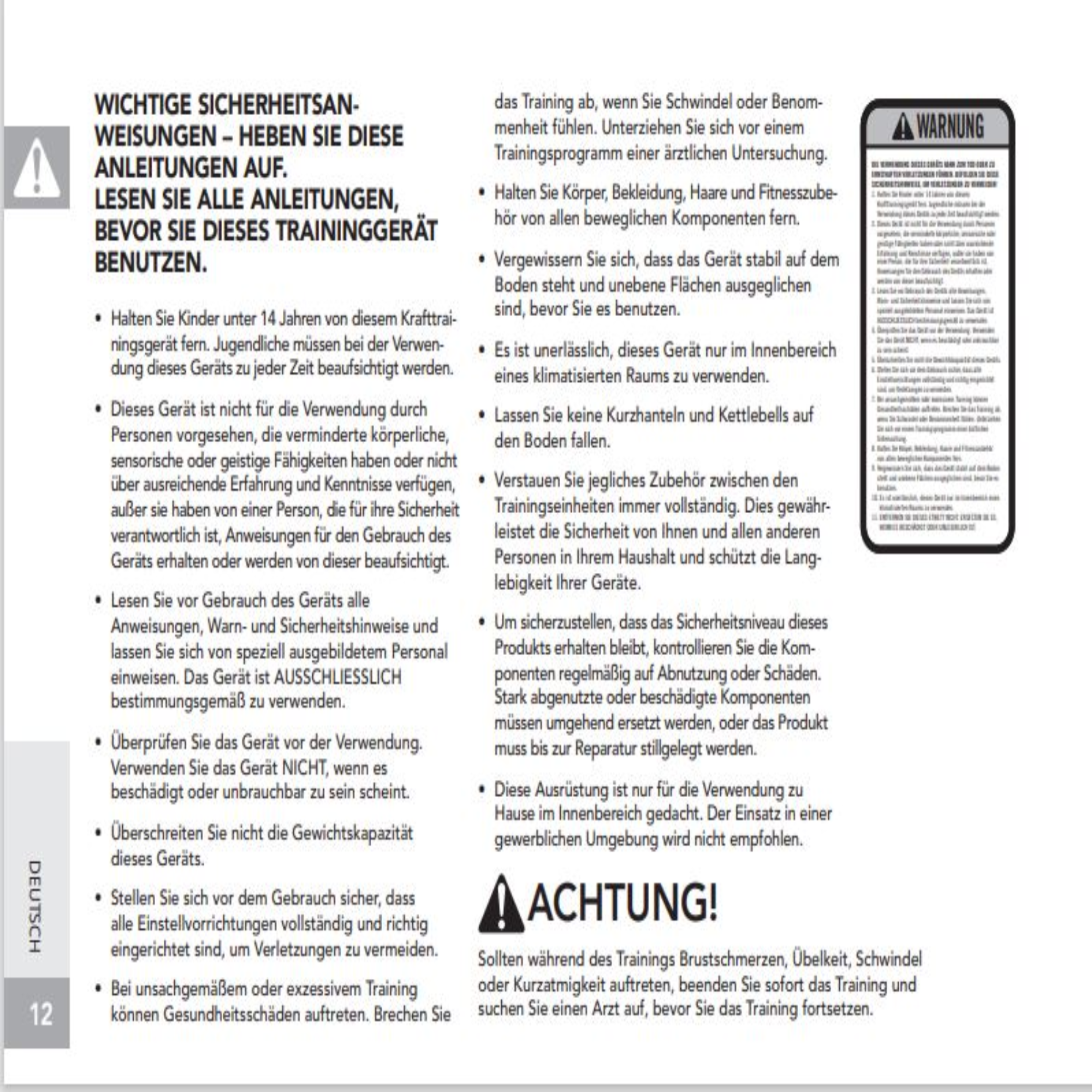 Warnhinweise. Text auf Deutsch. Sicherheitshinweise für ein Trainingsgerät.