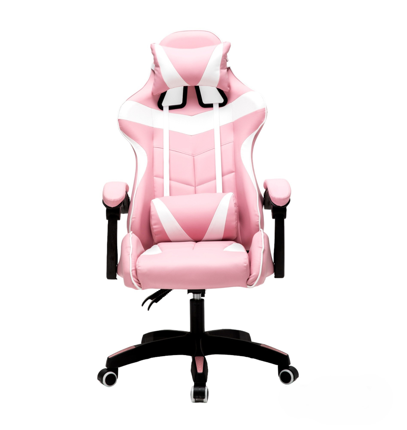 Roze en witte gaming stoel, vooraanzicht. Zwarte basis en armleuningen, met witte achtergrond.