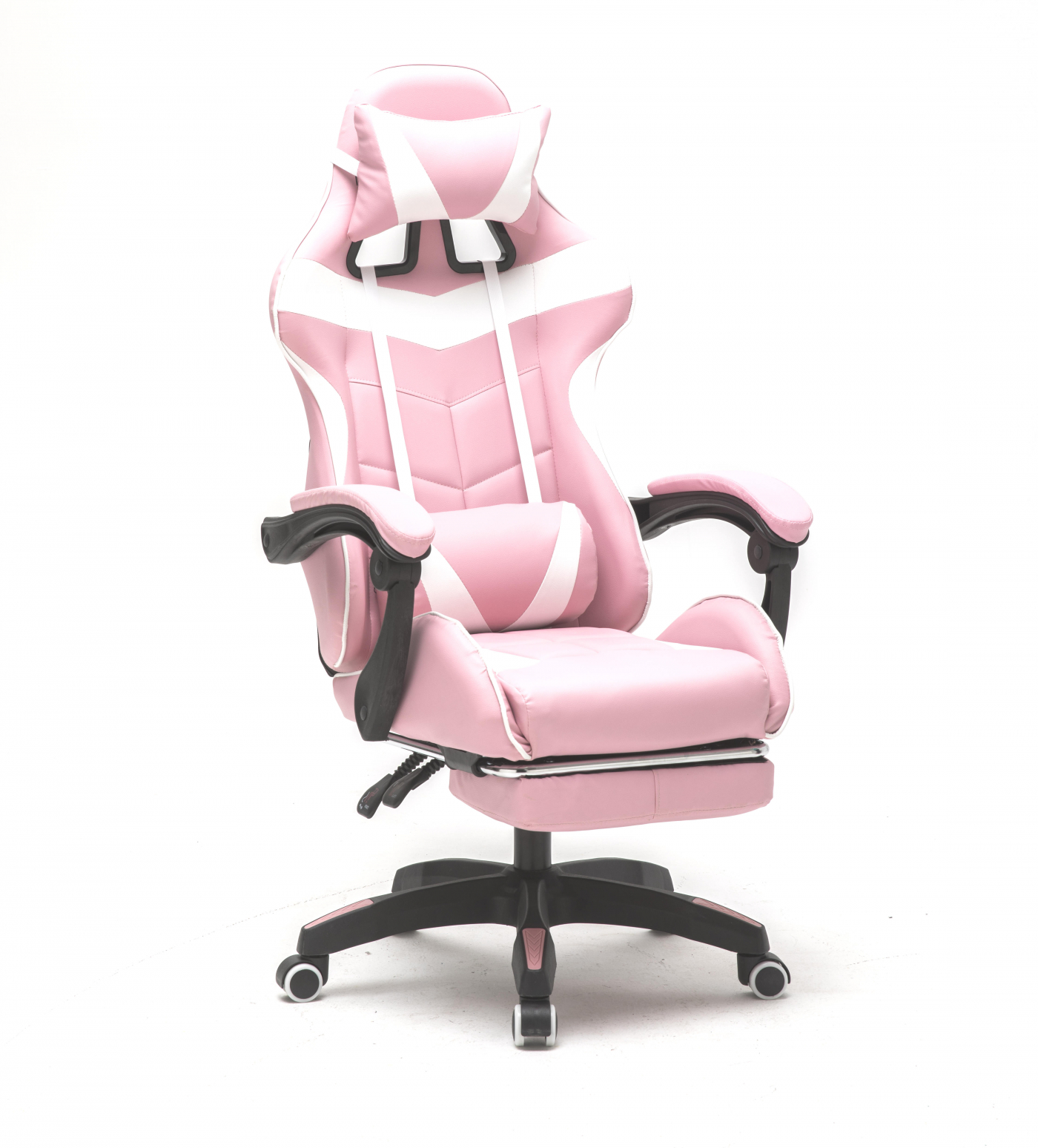 Roze en witte gamingstoel. Kenmerken: hoofdsteun, rugleuning, armleuningen en beensteun.