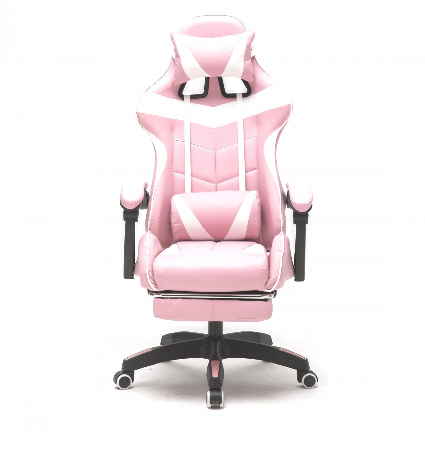 Roze en witte gamingstoel op een witte achtergrond.