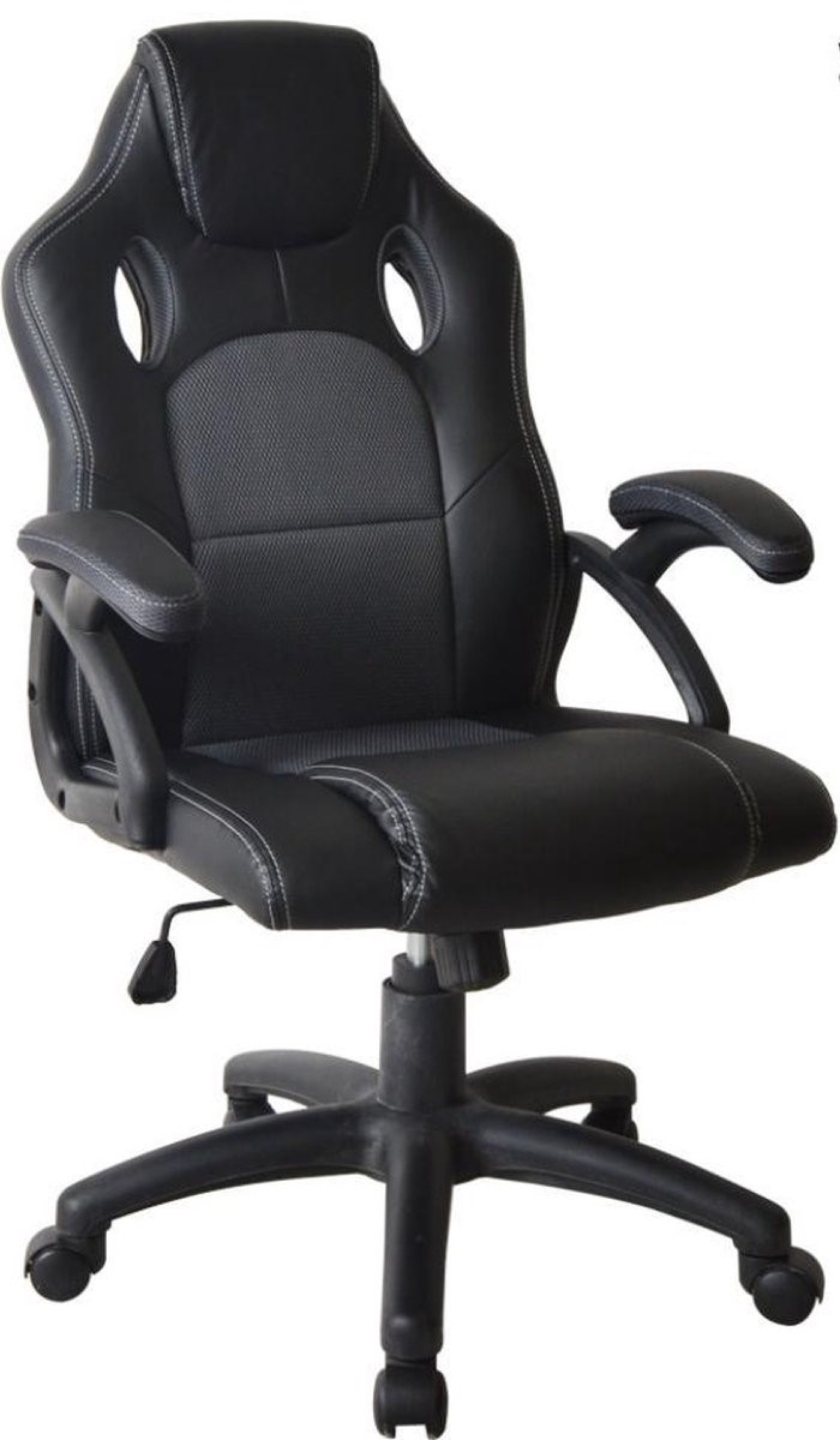 Een zwarte gamingstoel met witte stiksels en een vijfsterrenvoet.