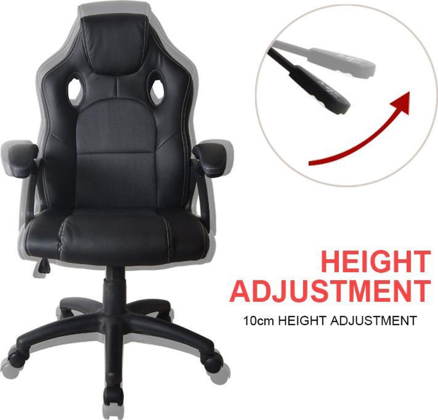 Gaming stoel, zwart met grijze accenten, hoogteverstelling.