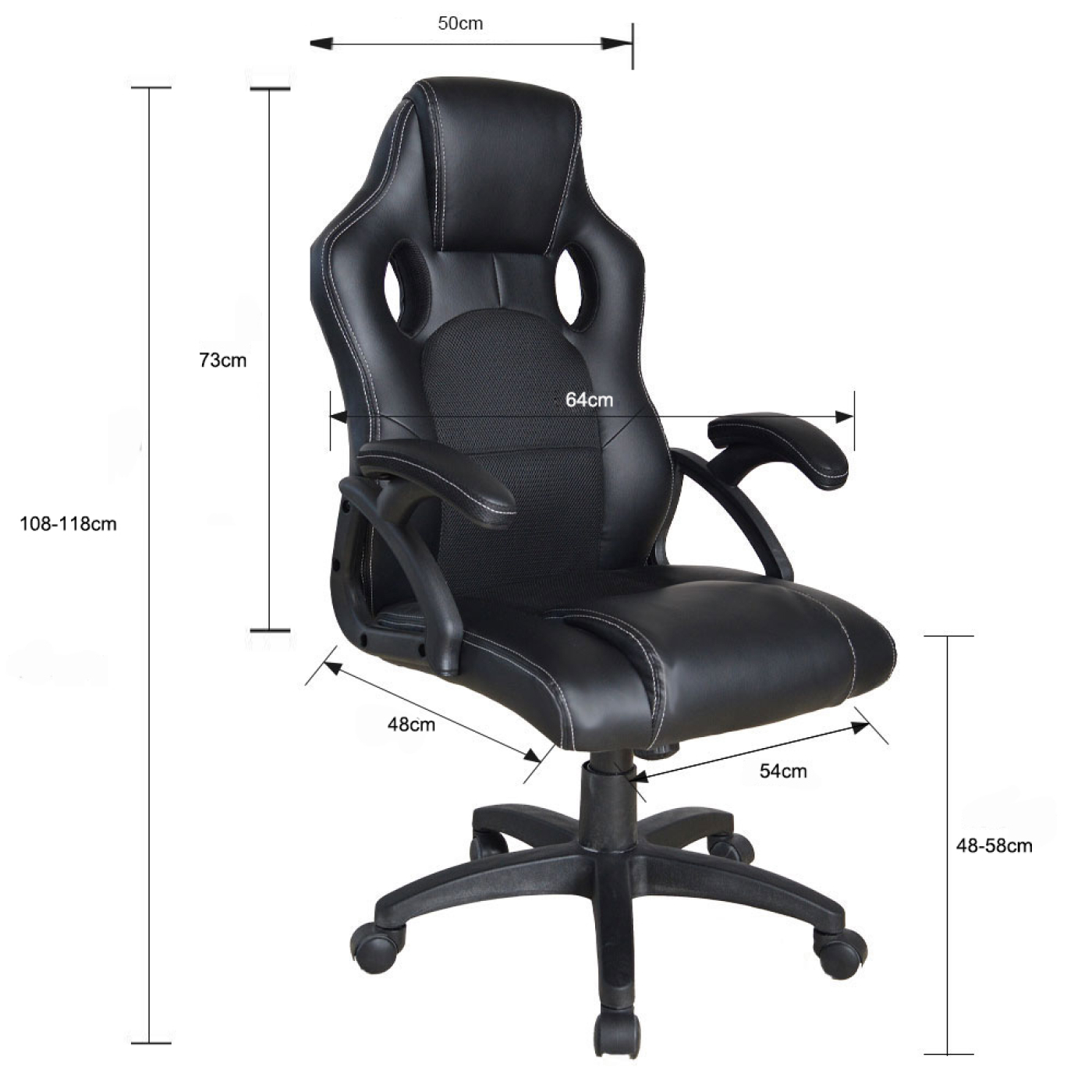 Zwarte gamingstoel met afmetingen: 108-118cm hoogte, 54cm breedte.