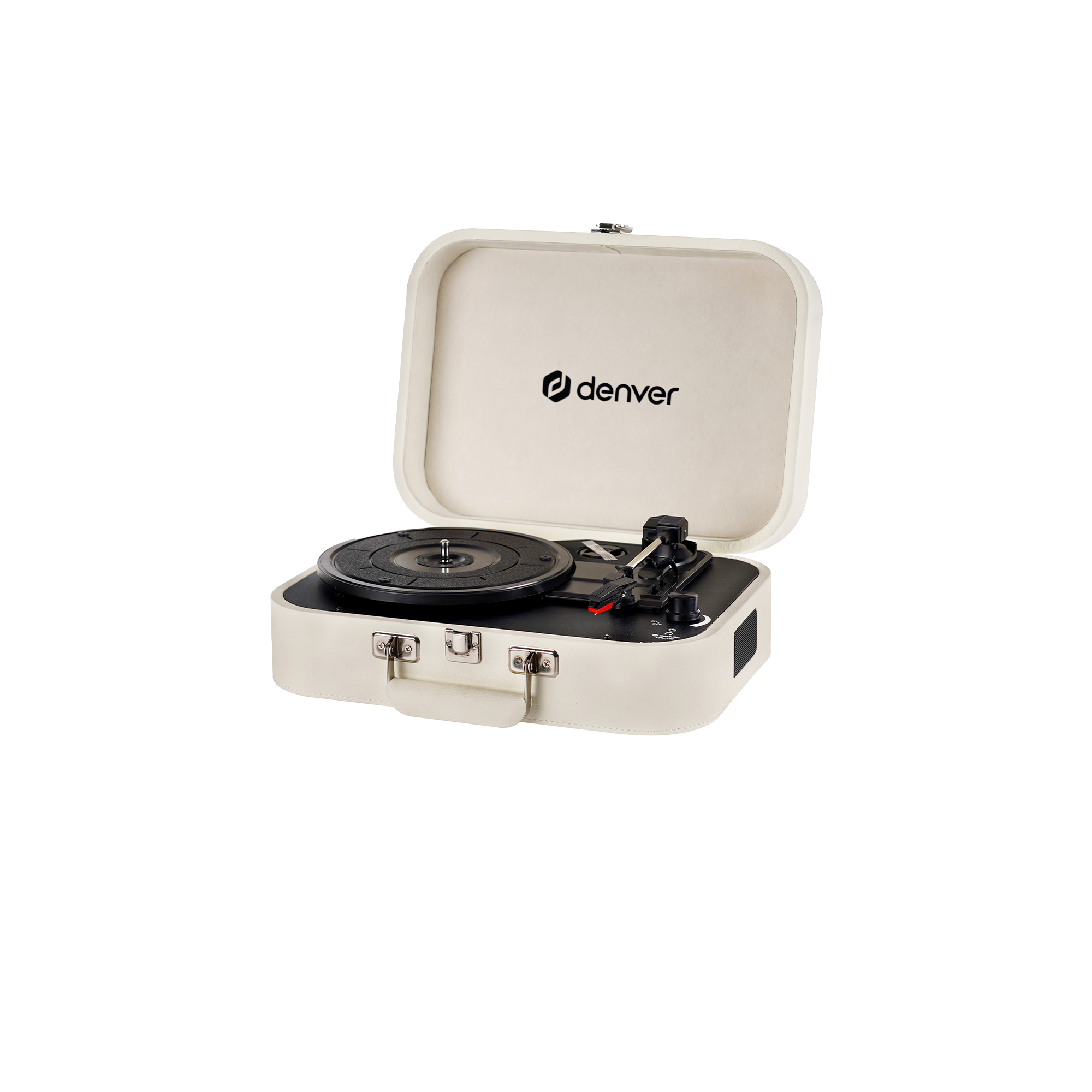 Gramofon w stylu vintage w białej walizce. Odtwarzacz jest otwarty i gotowy do odtwarzania płyt.