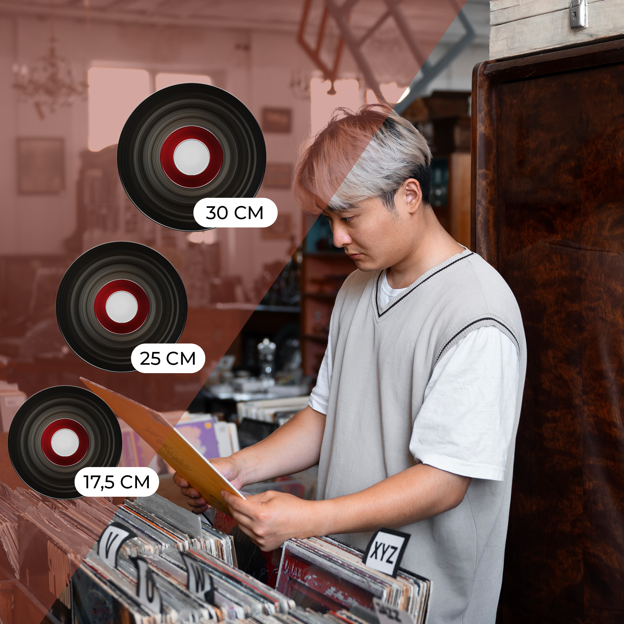 Mężczyzna ogląda płyty winylowe, rozmiary 17,5, 25 i 30 cm.
