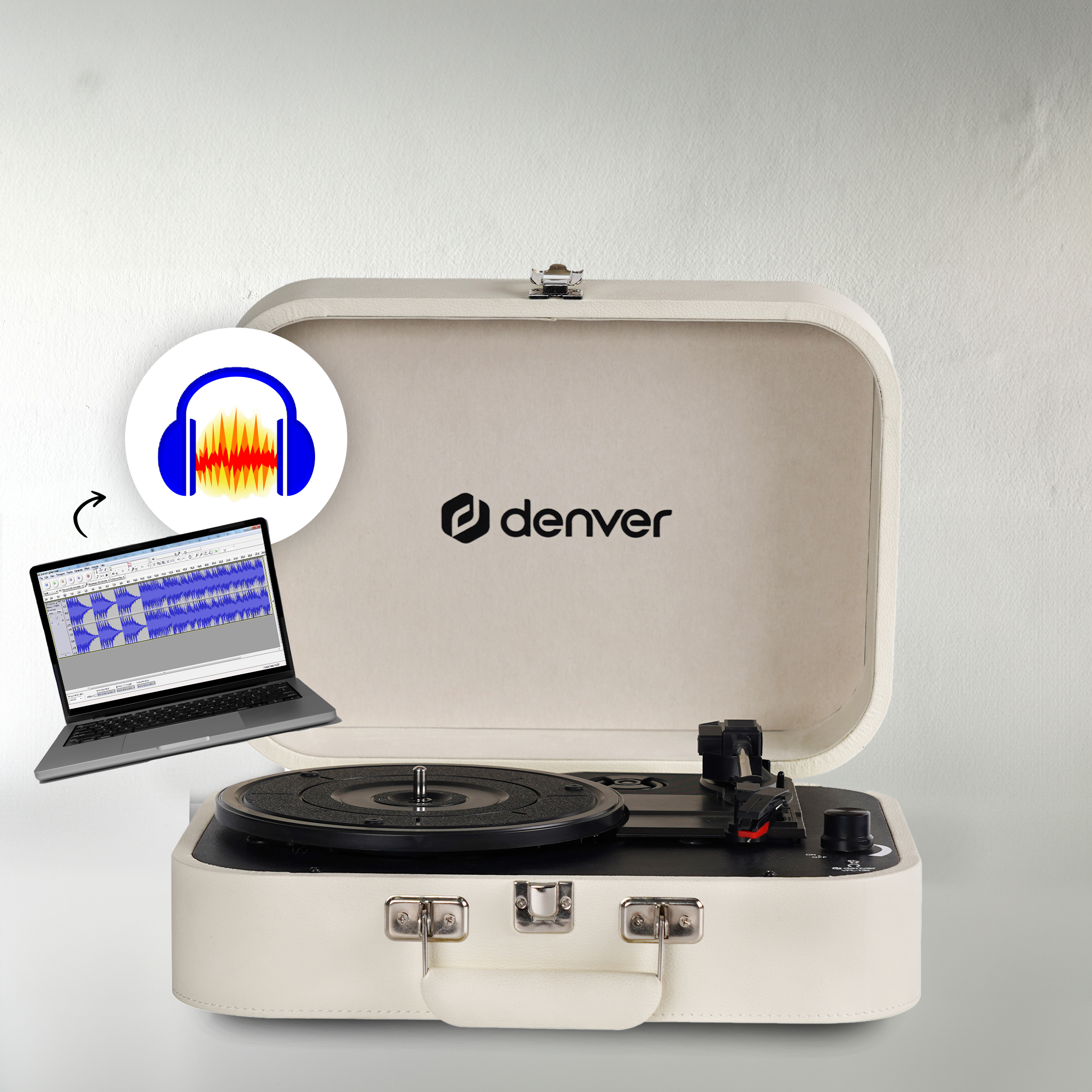 Biały gramofon w stylu walizki z laptopem i ilustracją przebiegu fali dźwiękowej. Logo Denver.