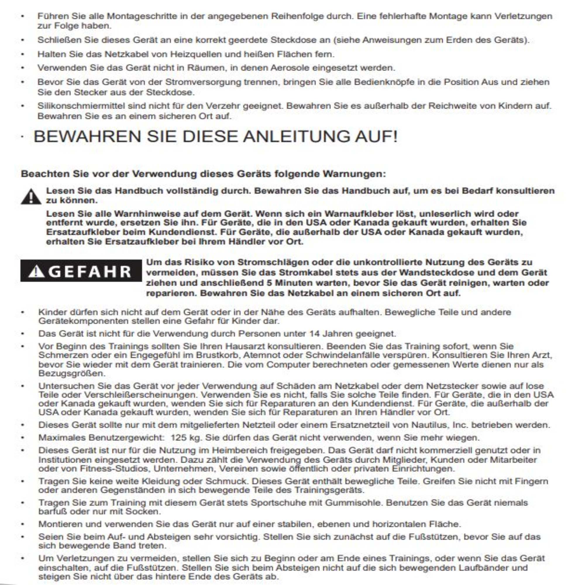 Eine Seite mit deutschem Text, ein Handbuch, mit mehreren Warnungen und Anweisungen zum Produkt.