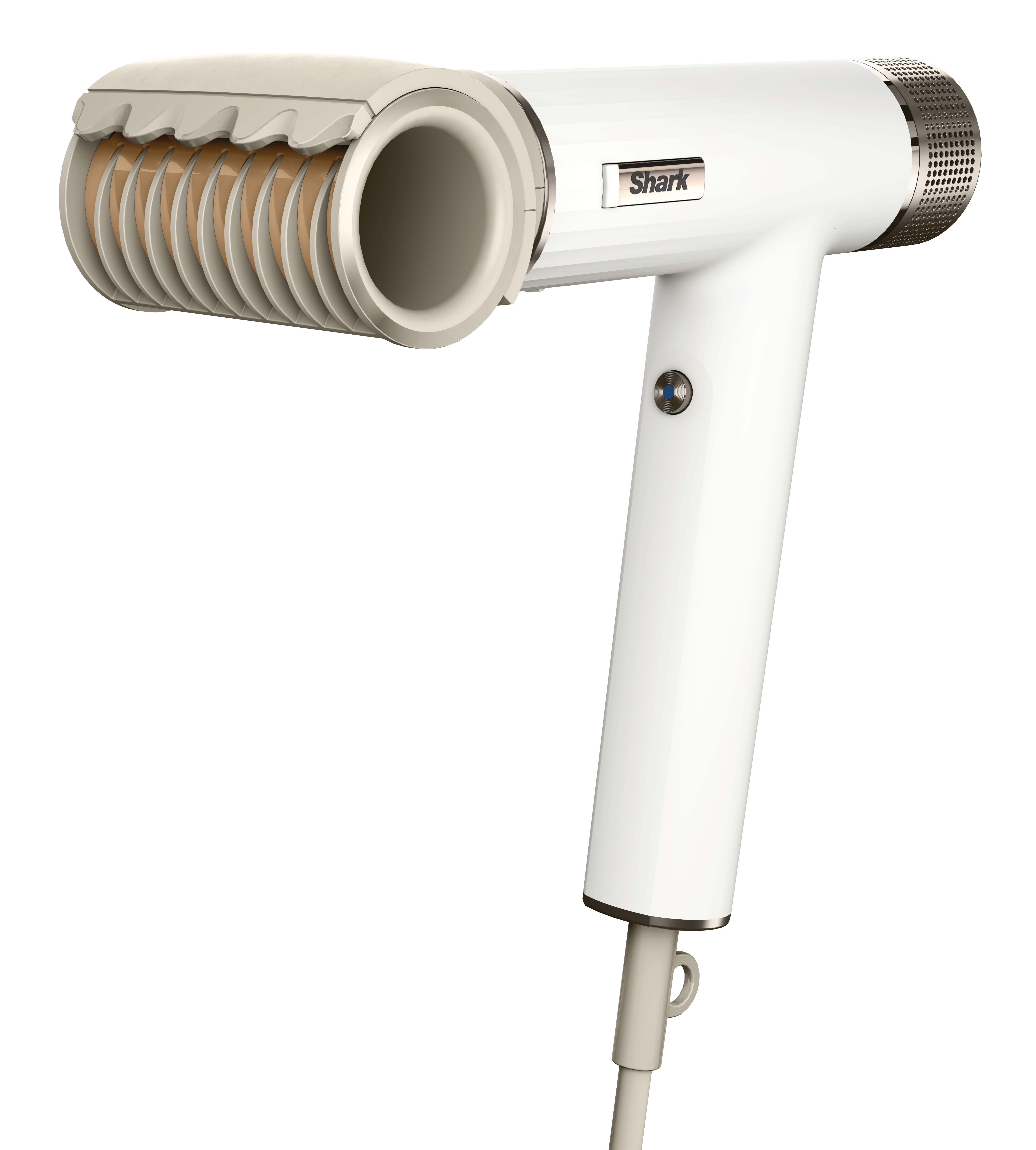 Biała i metaliczna suszarka do włosów z zakrzywioną dyszą i białym przewodem. Marka Shark.
