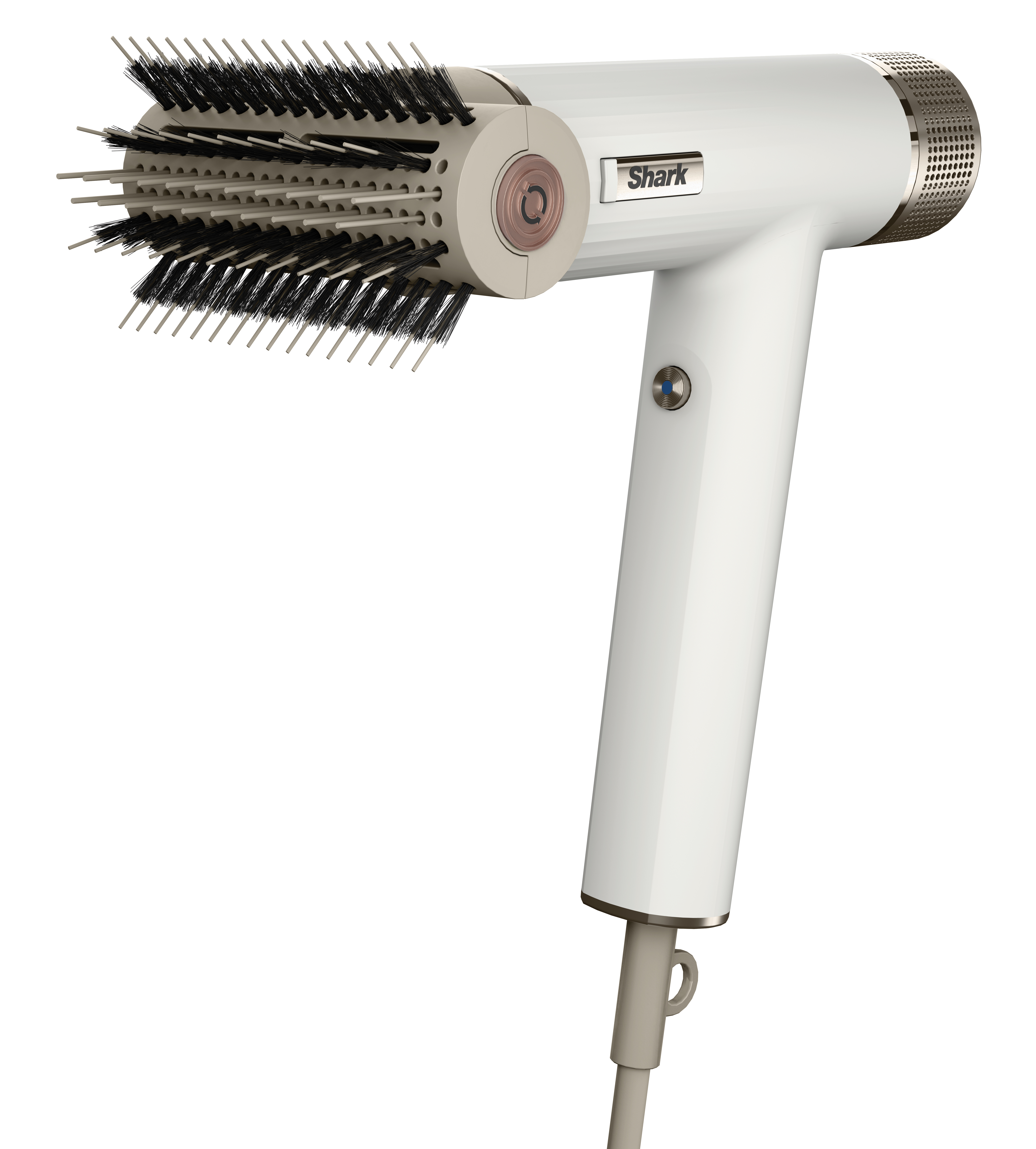 Biała suszarka do włosów z nakładką szczotkową. Suszarka ma zakrzywiony uchwyt i przewód zasilający.