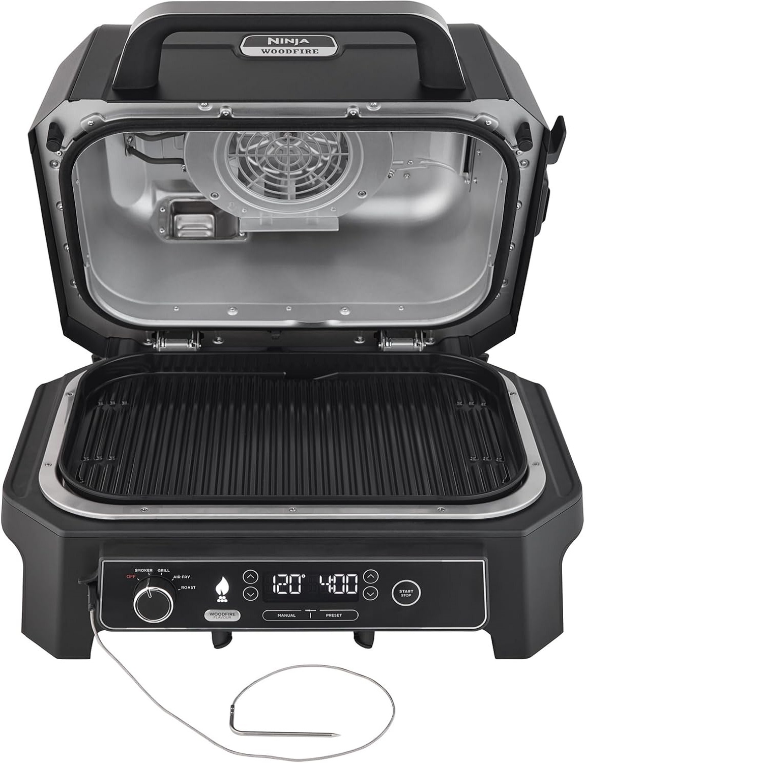 Ninja Woodfire grill, zwart met open deksel, grillroosters en bedieningspaneel met temperatuursondedraad.