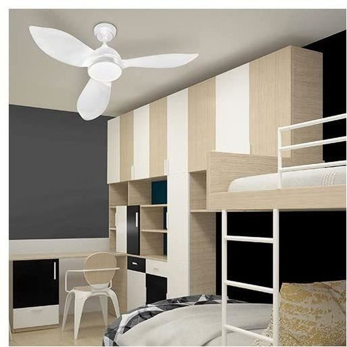 Sypialnia z łóżkami piętrowymi, białym wentylatorem sufitowym, biurkiem i krzesłem, w nowoczesnym stylu.