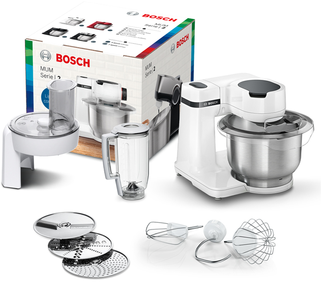 Procesadora Bosch con accesorios y complementos en una caja.