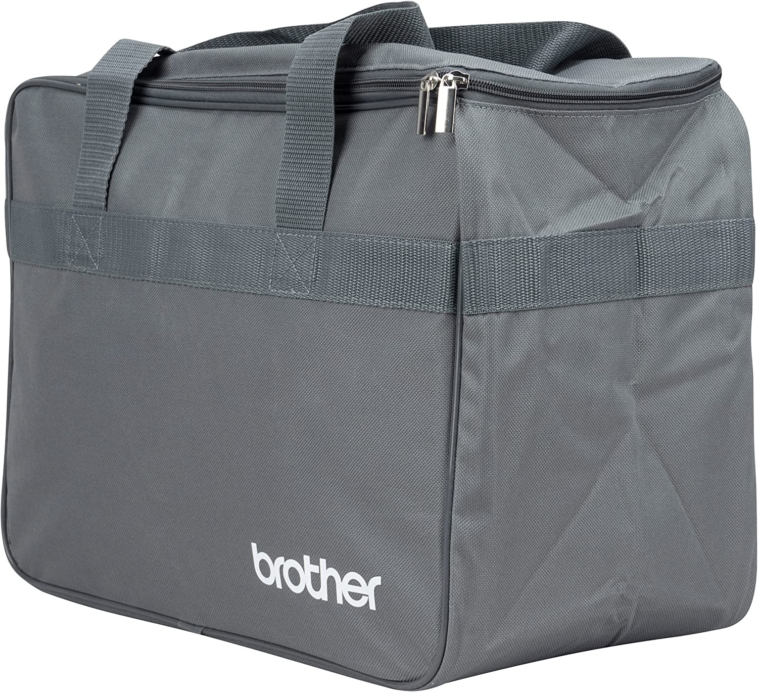 Graue Brother Reisetasche mit weißem Logo, Griff und Reißverschluss.