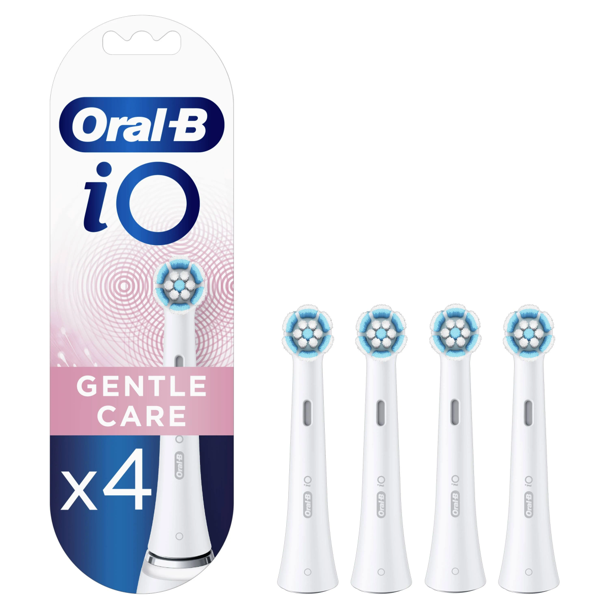 Una confezione con quattro testine Oral-B iO. Le testine hanno manici bianchi e setole blu e bianche.