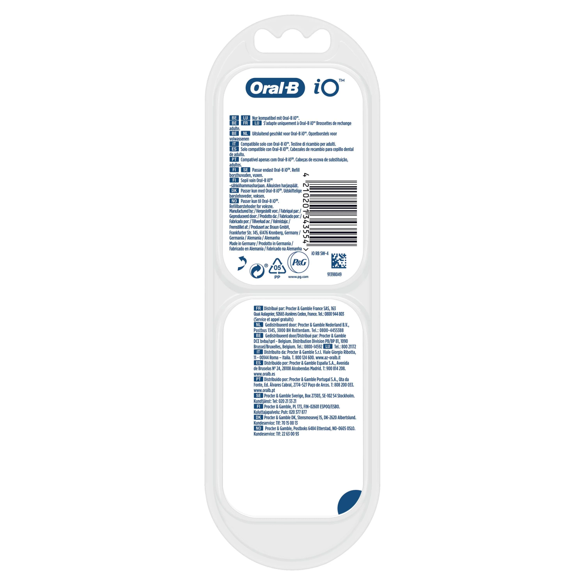 Embalaje de cabezal de cepillo de dientes con varios idiomas y un código de barras.