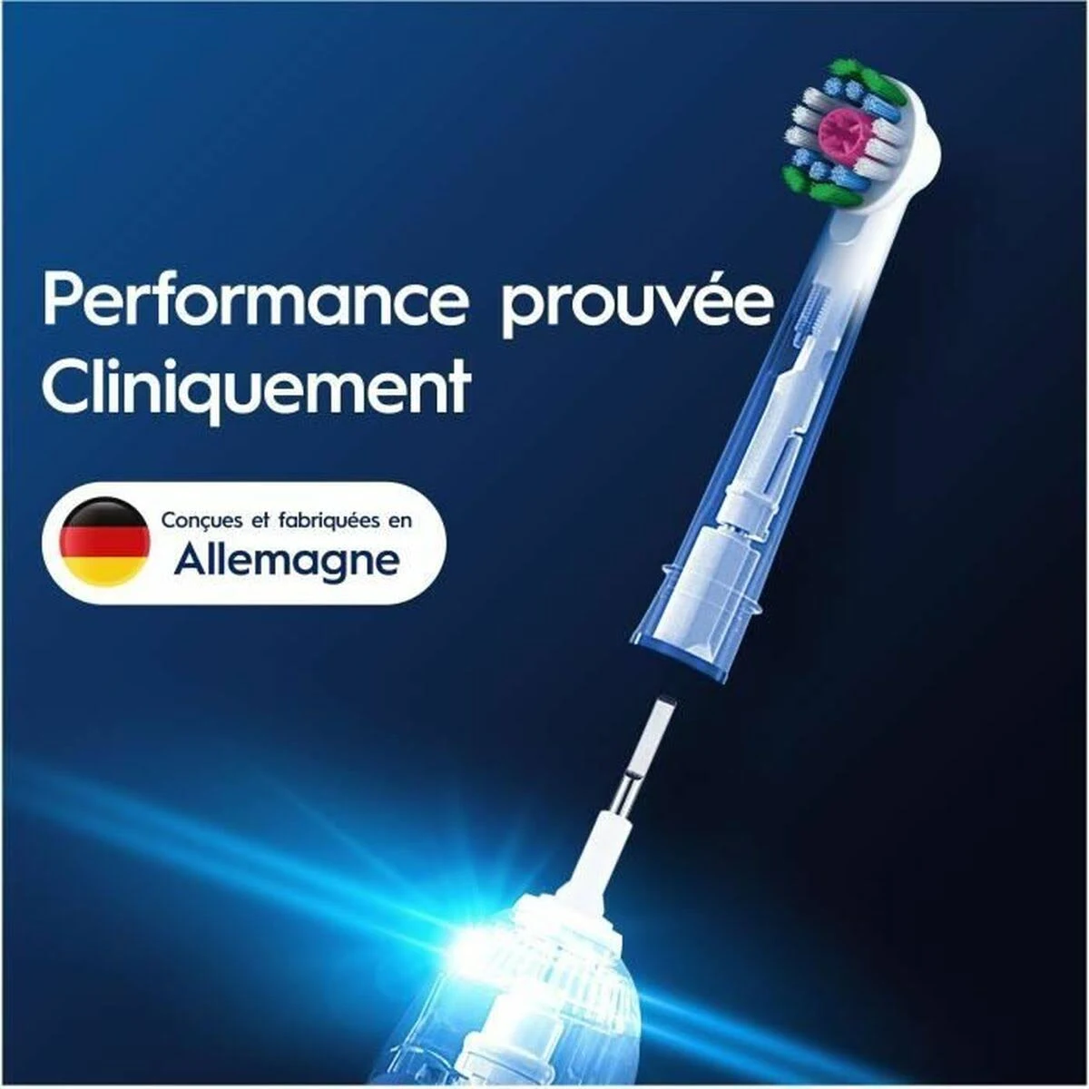 Testina spazzolino con sezione, icona bandiera tedesca, testo: Performance prouvée Cliniquement.