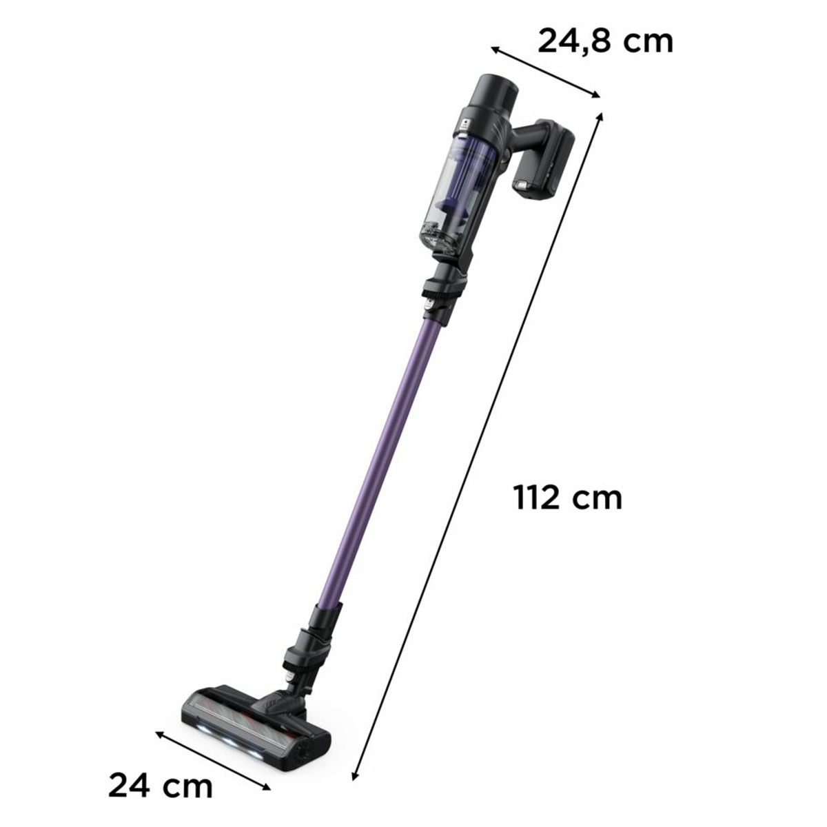 Aspiradora inalámbrica en morado y negro, con medidas de tamaño etiquetadas.