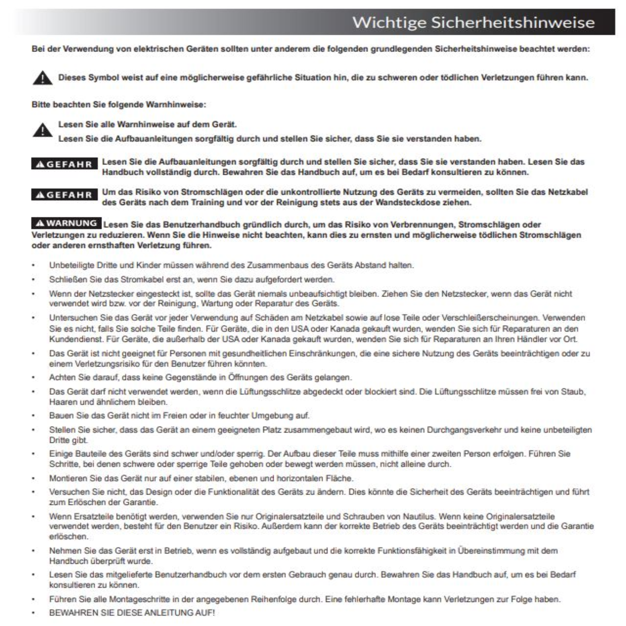 Ein schwarz-weißes Dokument mit Sicherheitshinweisen und Anweisungen für Elektrogeräte.